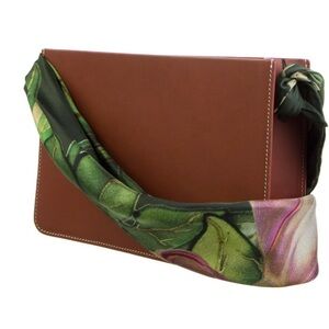 Montunas Brown Leather Crossbody Bag with Green Floral Scarf Strap